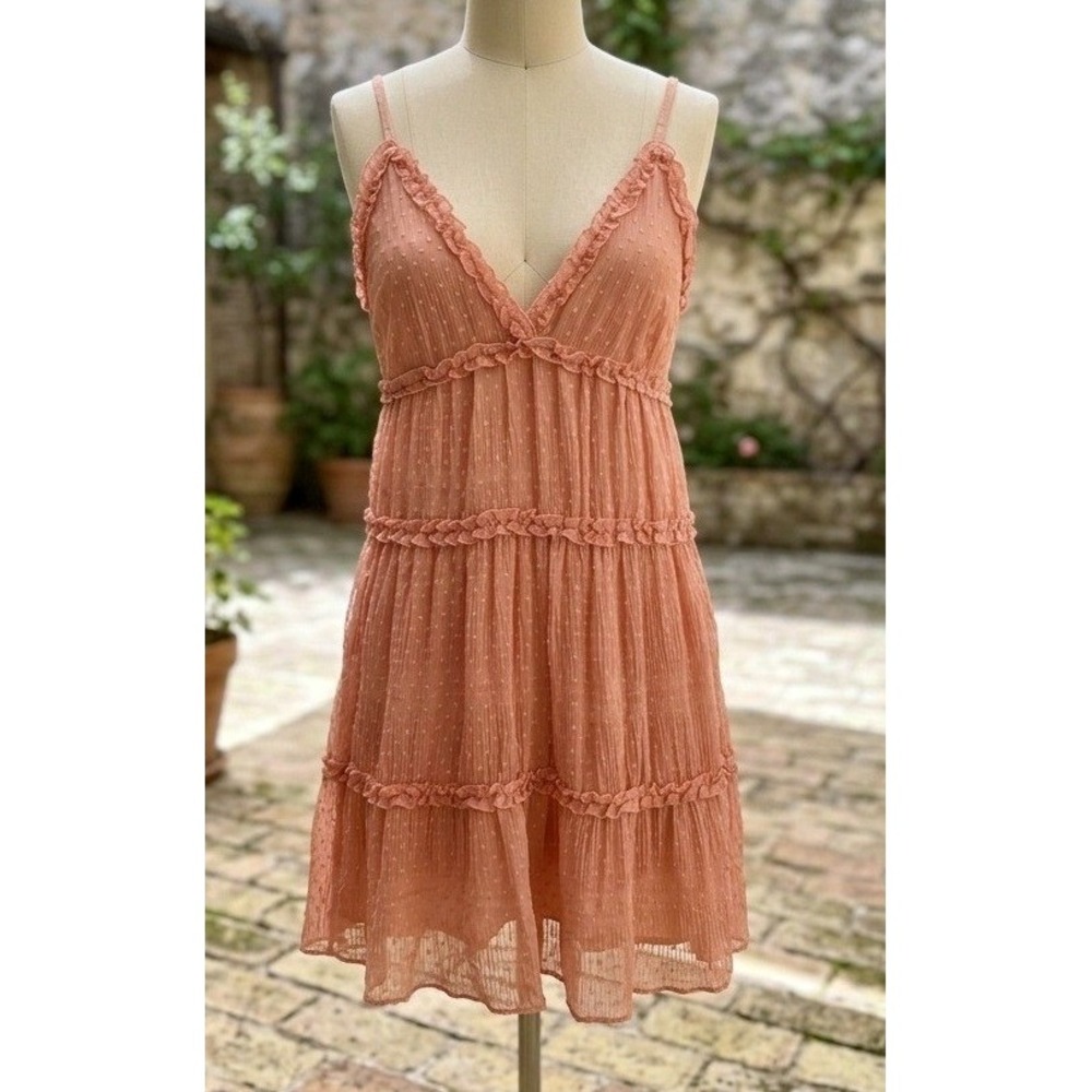 Wild Fable Sheer Mini Dress Peach Pink Swiss Dot Tiered Ruffle Boho Summer Small